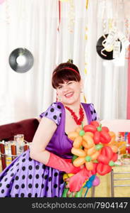 Happy brunette in retro style with bouquet of balloons