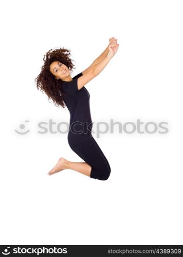 Happy Brunette Woman Jumping Isolated on White