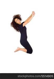Happy Brunette Woman Jumping Isolated on White