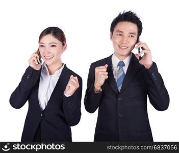 happy business man and woman talking on smartphone isolated on white background