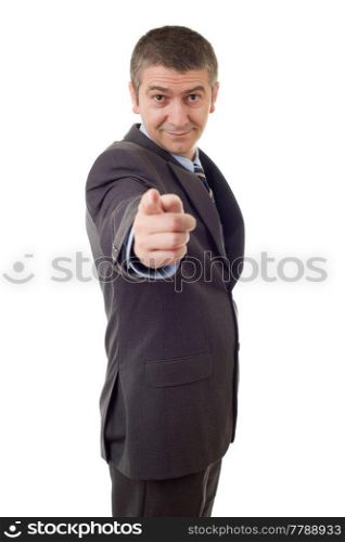 happy business man pointing, isolated on white