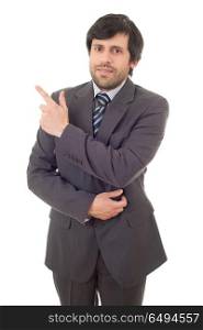 happy business man pointing, isolated on white. pointing