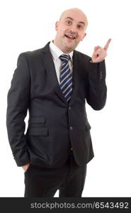 happy business man pointing, isolated on white. pointing