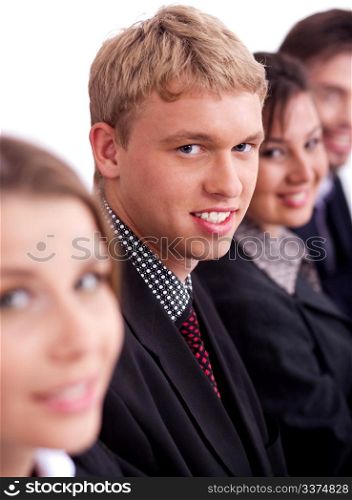 Happy business men with colleague sitting in a row,over white background
