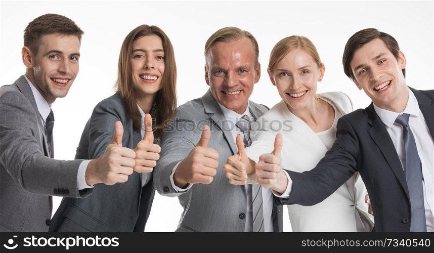 Happy business people cheering and showing thumbs up sign isolated on white background. Business people showing thumbs up
