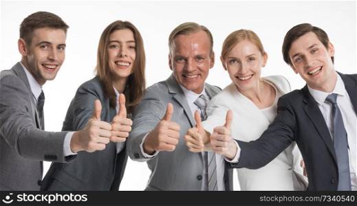Happy business people cheering and showing thumbs up sign isolated on white background. Business people showing thumbs up