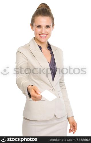 Happy business woman giving business card