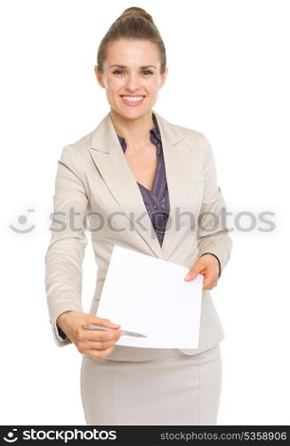 Happy business woman giving document for sign