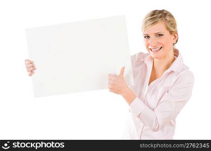 Happy business woman hold aside blank banner thumbs up