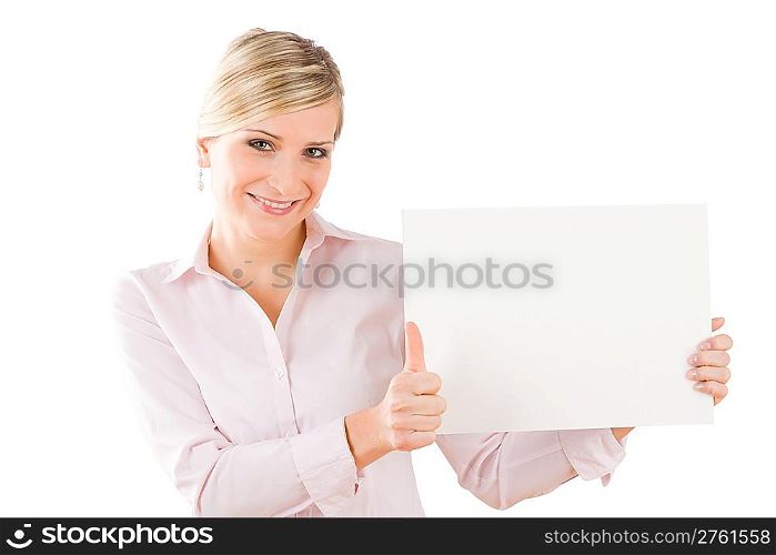 Happy business woman hold blank banner thumbs up