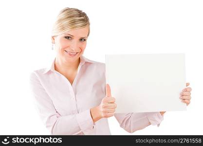 Happy business woman hold blank banner thumbs up