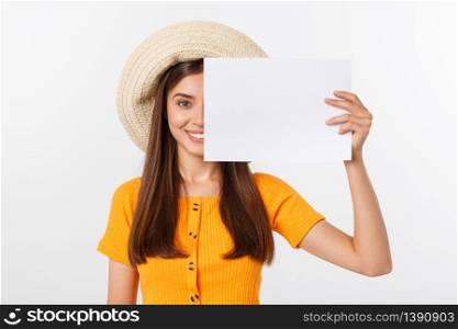 Happy business woman holding big white sign board. Gray wall back.. Happy business woman holding big white sign board. Gray wall back