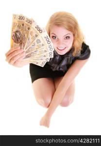 Happy business woman holding polish currency money banknote. Finance savings concept.