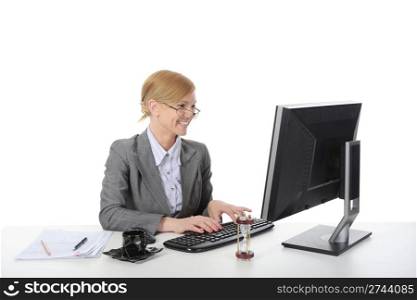 happy business woman in the office. Isolated on white background