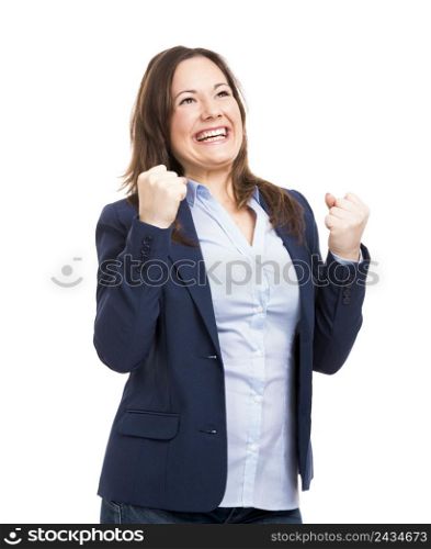 Happy business woman, isolated over white background