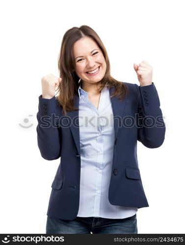 Happy business woman, isolated over white background