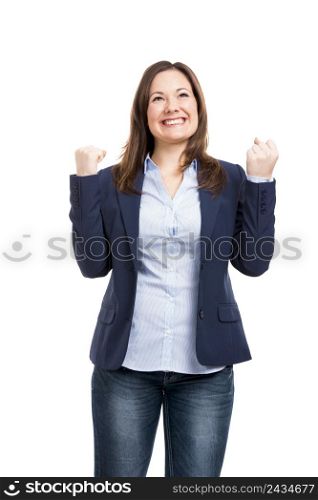 Happy business woman, isolated over white background