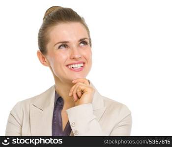 Happy business woman looking on copy space