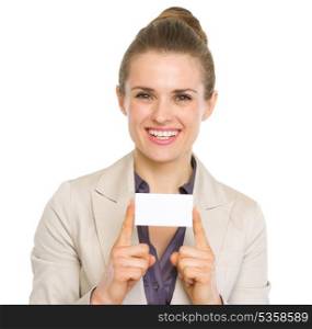 Happy business woman showing business card