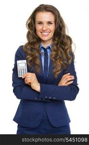 Happy business woman showing calculator