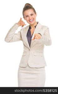 Happy business woman showing contact me gesture