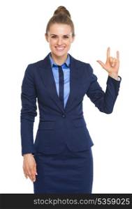 Happy business woman showing l love you gesture