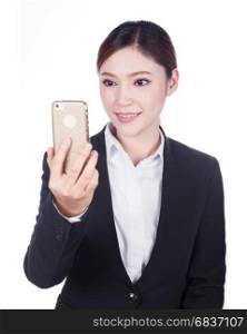Happy business woman taking selfie photo with smartphone isolated on white background