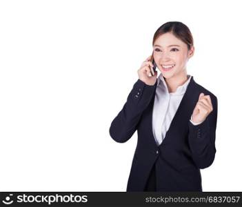happy business woman talking on smartphone isolated on white background