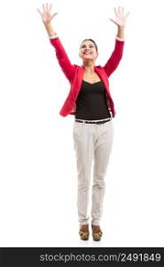 Happy business woman with arms on the air, isolated over a white background