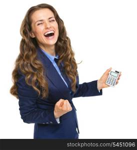 Happy business woman with calculator rejoicing