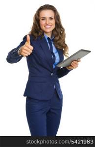 Happy business woman with tablet pc showing thumbs up