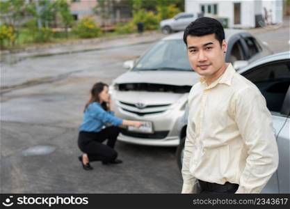 Happy businessman drivers do not worry after a car accident because have car accident insurance. And sad men drivers do not have car accident insurance.