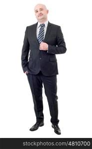 Happy businessman full length isolated on white