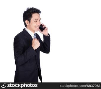 happy businessman talking on smartphone isolated on white background
