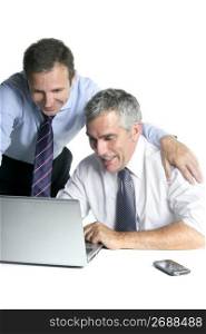 happy businessman team on computer good sales reports