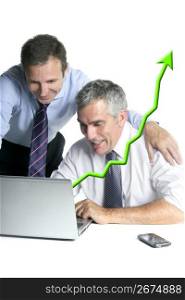 happy businessman team on computer good sales reports graph arrow chart