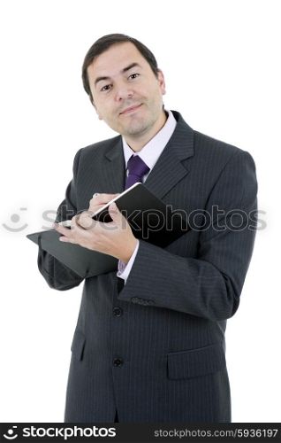 happy businessman with a book in white background