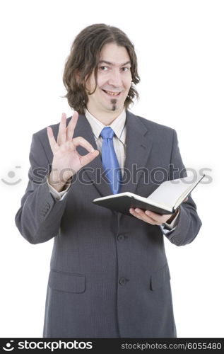 happy businessman with a book in white background