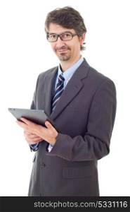 happy businessman with a tablet pc, isolated