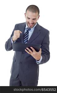 happy businessman working with a tablet pc, isolated. tablet pc