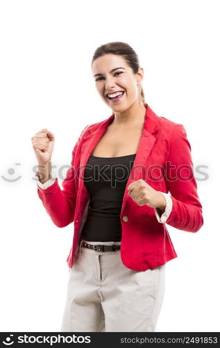 Happy businesswoman celebrate something, isolated over a white background