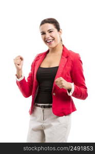 Happy businesswoman celebrate something, isolated over a white background