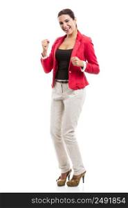 Happy businesswoman celebrate something, isolated over a white background