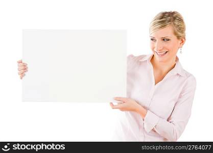 Happy businesswoman hold aside blank advertising banner on white