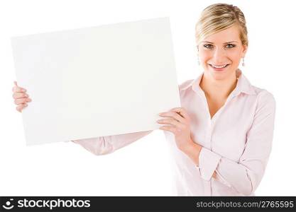 Happy businesswoman hold aside blank advertising banner on white