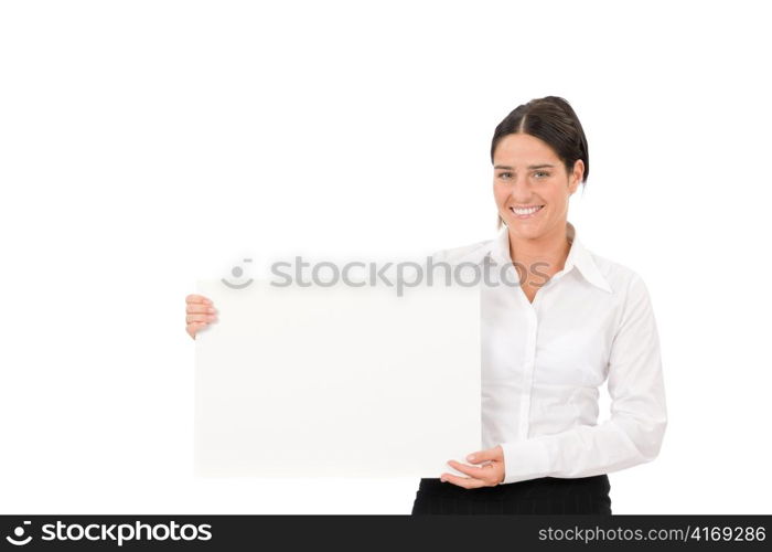 Happy businesswoman hold aside blank advertising banner on white