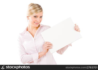 Happy businesswoman hold blank advertising banner above head on white