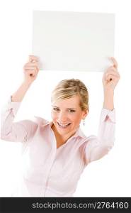 Happy businesswoman hold blank advertising banner above head on white