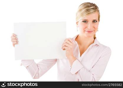 Happy businesswoman hold blank advertising banner aside on white