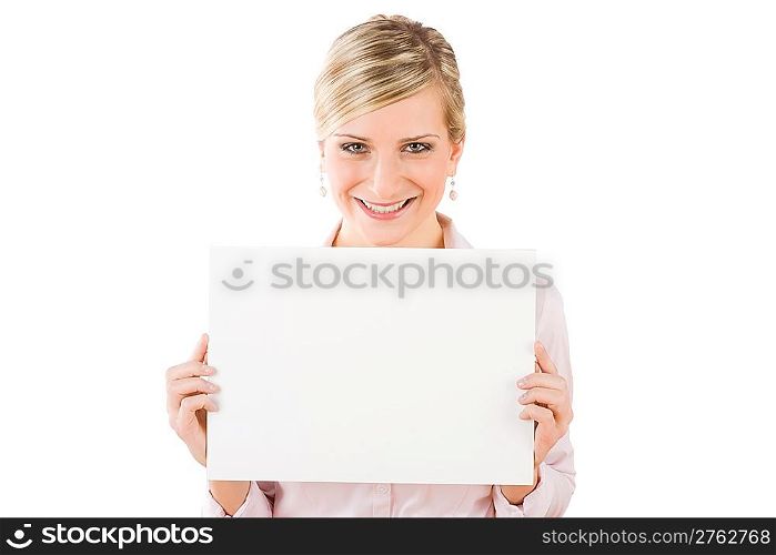 Happy businesswoman hold blank advertising banner on white